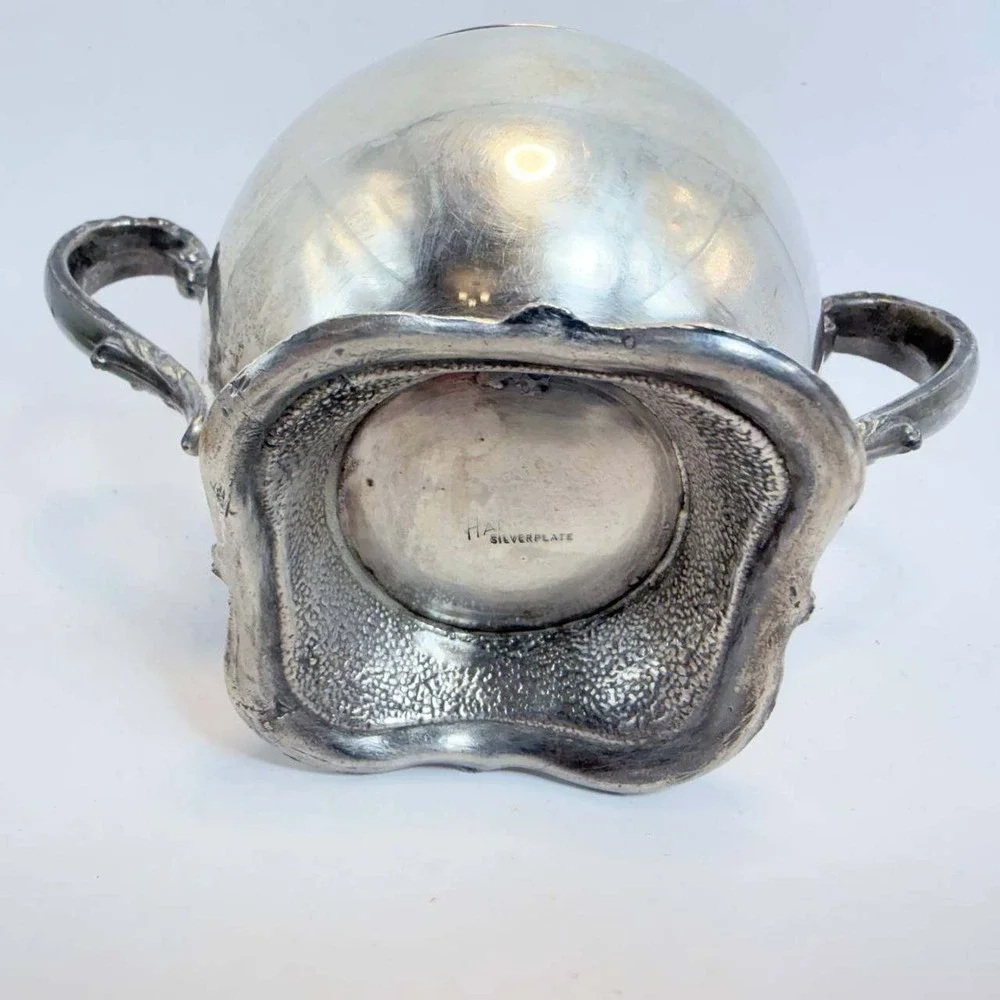 Hanle Vintage Silverplate Sugar Bowl Footed Ornate Grape Vine Double Handle